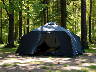 A tent nestled among tall trees in a serene forest setting, surrounded by nature's tranquility.