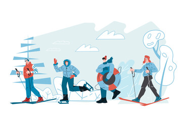 Fototapeta premium Winter season with snow sports and outdoor activities. People enjoy winter activities such as skiing, skating, tubing, vector illustration isolated on white background.