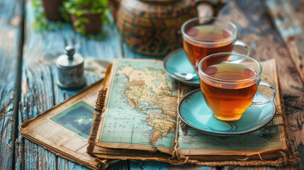 Fototapeta premium Tea cups on old map, vintage style, wooden table, cozy atmosphere.