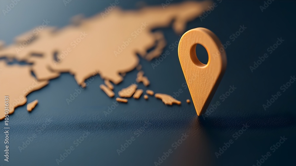 Poster Closeup View of a Glowing Blue Map Pin Emphasizing Global Navigation Positioning and on a Soft Lit World Map
