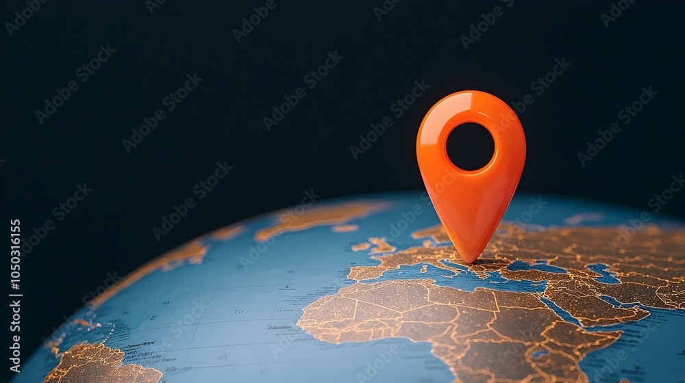 Poster Glowing Location Pin on a Blue Lit Global Map Showcasing the Essence of Travel and with Navigational Concepts Glowing Lines and Map Details