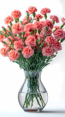 Fototapeta premium A vibrant bouquet of carnations in shades of pink, red, and white, with ruffled, textured petals and sturdy green stems