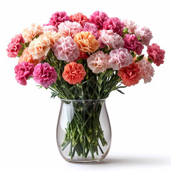 A vibrant bouquet of carnations in shades of pink, red, and white, with ruffled, textured petals and sturdy green stems