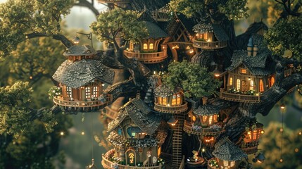 Whimsical treehouse village with intricate designs and glowing lights.