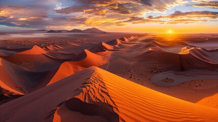 A dramatic view of the vast dunes of the Namib Desert with shifting sand patterns and a vibrant sunrise casting long shadows, desert setting with warm oranges and reds, Namib style