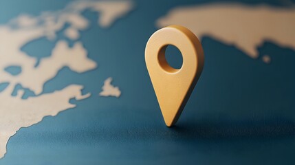 Close up view of a navigation pin marker on a blue glowing world map with soft lighting and futuristic design elements representing global positioning and digital location tracking technology