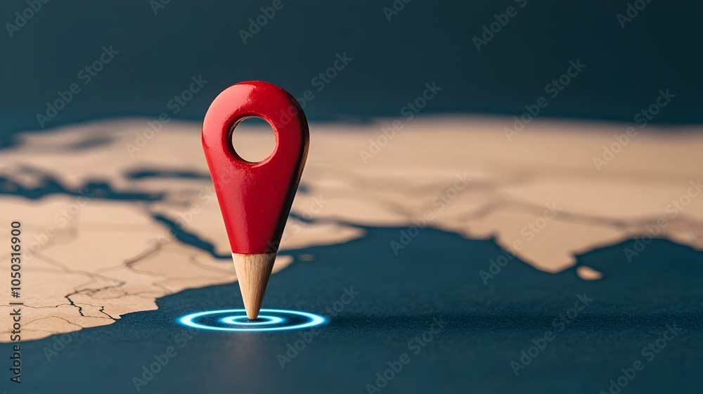 Poster Close up view of a glowing blue navigation pin on a world map with radiating lines highlighting global travel tracking and data analytics for business strategy and logistics