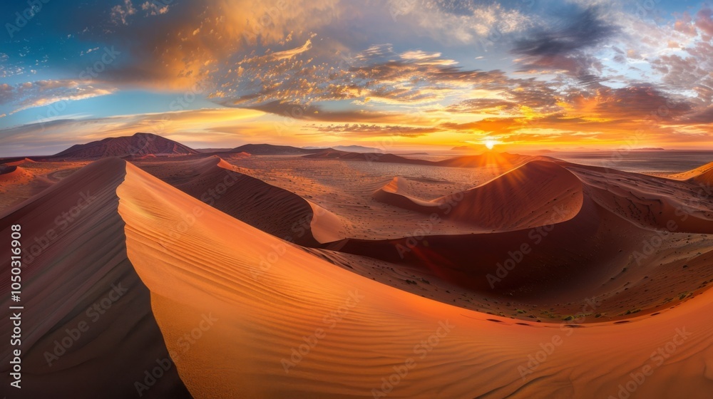 Poster a dramatic view of the vast dunes of the namib desert with shifting sand patterns and a vibrant sunr