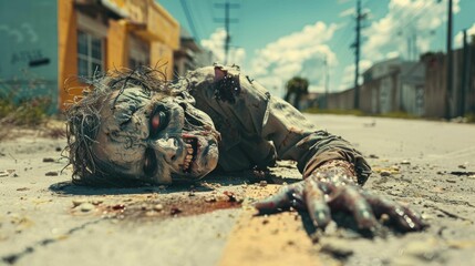 Fototapeta premium Zombie crawling on a deserted street, dramatic and eerie atmosphere.
