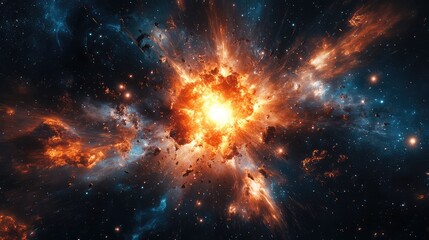 A powerful explosion from the core of a distant galaxy, with superheated gas clouds and debris illuminated by brilliant cosmic light