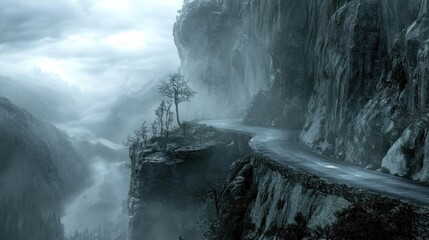 Fototapeta premium A dense fog enveloping a mountain road, with the edges of cliffs barely visible and an air of suspense in the atmosphere.