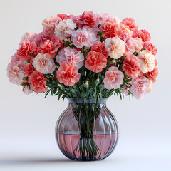 Fototapeta premium A vibrant bouquet of carnations in shades of pink, red, and white, with ruffled, textured petals and sturdy green stems