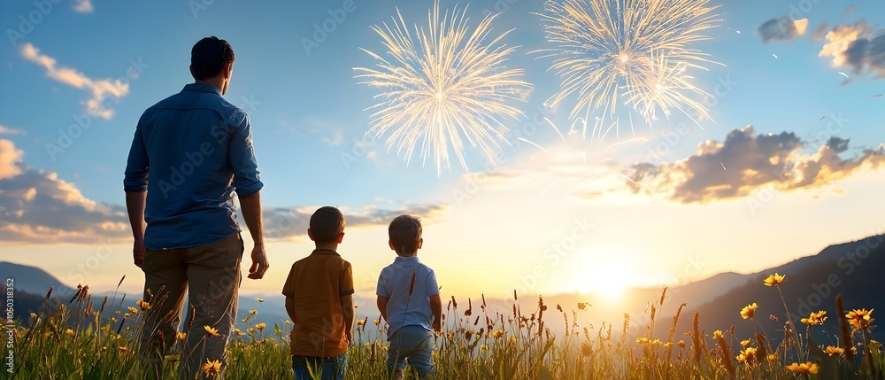 Poster a group of families gathered on a peaceful hilltop watching in awe as vibrant fireworks burst and bl