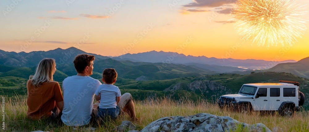 Poster Families gathered on a hillside watching in awe as a spectacular fireworks display illuminates the night sky above the horizon  Vibrant bursts of color and light create a mesmerizing for all to enjoy
