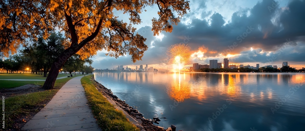 Poster Dramatic and colorful firework display lighting up the night sky over a serene and calm lake with mesmerizing reflections of the sparkling pyrotechnics on the tranquil water surface