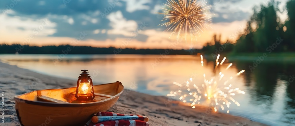 Aufkleber dramatic firework display lighting up the night sky over a calm lake with vivid reflections of the c