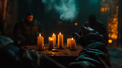 A strong hand holds a smoking cigarette on the background of other wars. Close-up detail of hand and cigar. The atmosphere of a dark post-apocalyptic evening