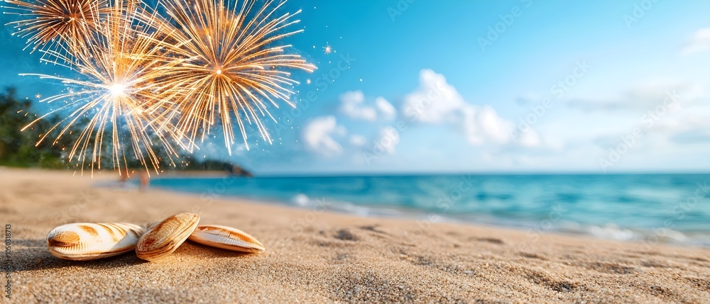 Aufkleber Stunning display of vibrant colorful fireworks exploding over the ocean during a lively seaside festival or coastal event  Glowing luminous sparks and bursts reflecting on the tranquil water below