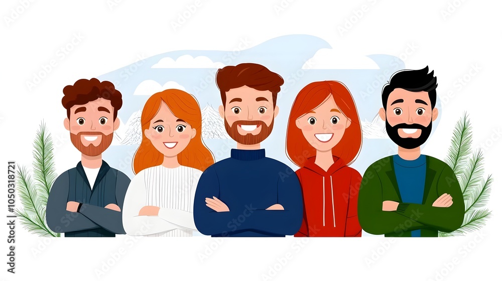 Poster depicting a group of happy motivated employees representing high employee engagement teamwork and sa