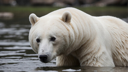 Fototapeta premium A polar bear stands in shallow water, looking intently at something out of frame.