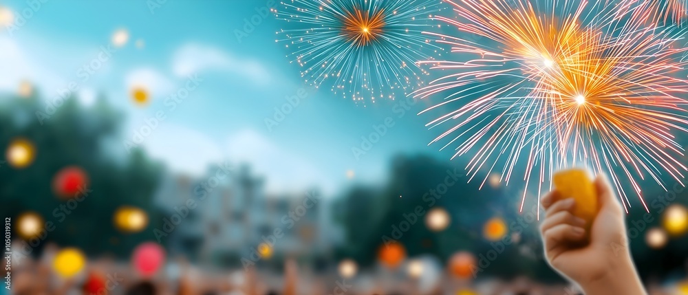 Poster vibrant multicolored fireworks exploding in a dazzling display above a crowded lively city during a 