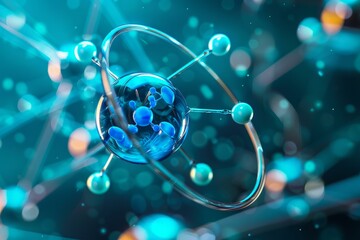 3d rendering of a luminous atom model with electrons spinning around the nucleus