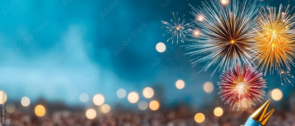 Poster vivid fireworks bursting in a dazzling display over a bustling city square creating a breathtaking s