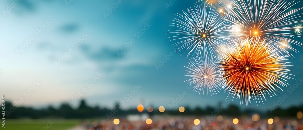 Poster spectacular fireworks lighting up the night sky over a bustling city square with colorful explosions