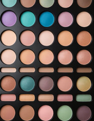 Fototapeta premium Close up of a pastel color eye shadow pallet for neutral and natural make-up. Produced with Generative AI.