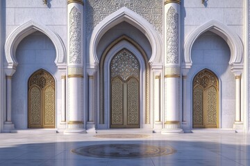 Obraz premium A traditional mosque exterior with detailed carvings, arched doorways, and golden accents, capturing the elegance of Islamic architecture.