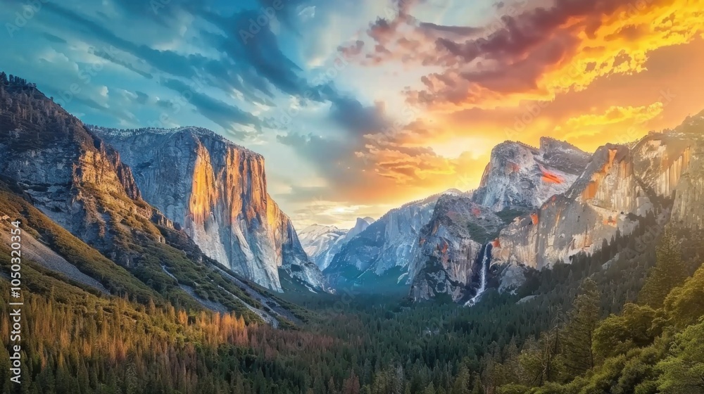 Aufkleber a dramatic view of the yosemite valley with its towering granite cliffs and expansive meadows under 