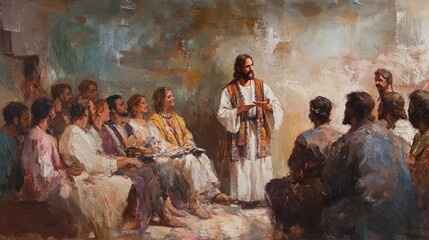 An expressive depiction of Jesus teaching a parable, with a small group gathered closely around him, emphasizing intimacy and spiritual depth.