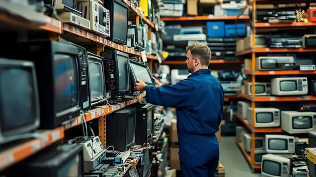 A man examines an old electronic device in a cluttered warehouse filled with various vintage electronics and appliances, highlighting a space for recycling or resale.