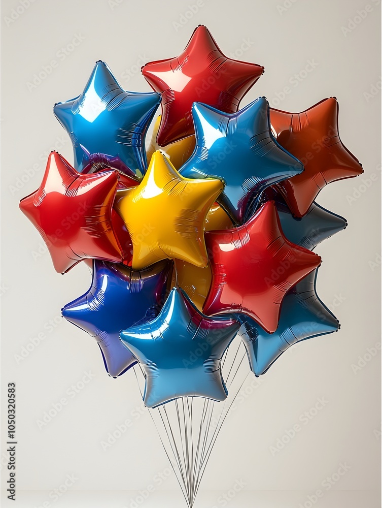 Poster Cluster of colorful star shaped balloons gently floating in a 3D composition on a clean white backdrop creating a modern festive