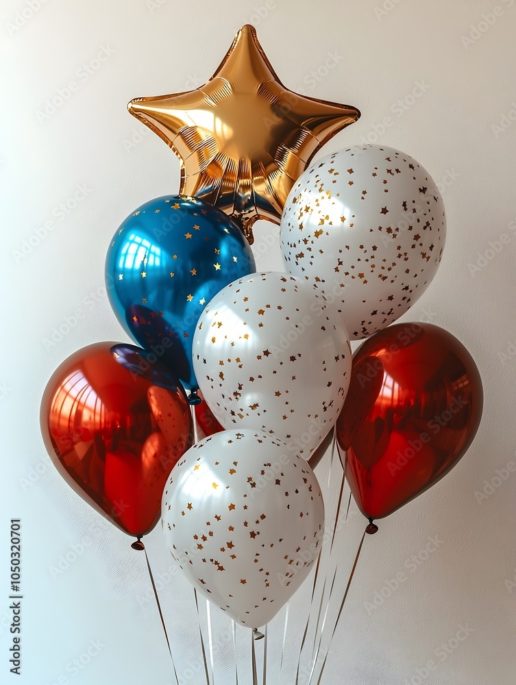 Fototapete radiant and shimmering star shaped balloons in 3d elegantly arranged on a clean white backdrop creat