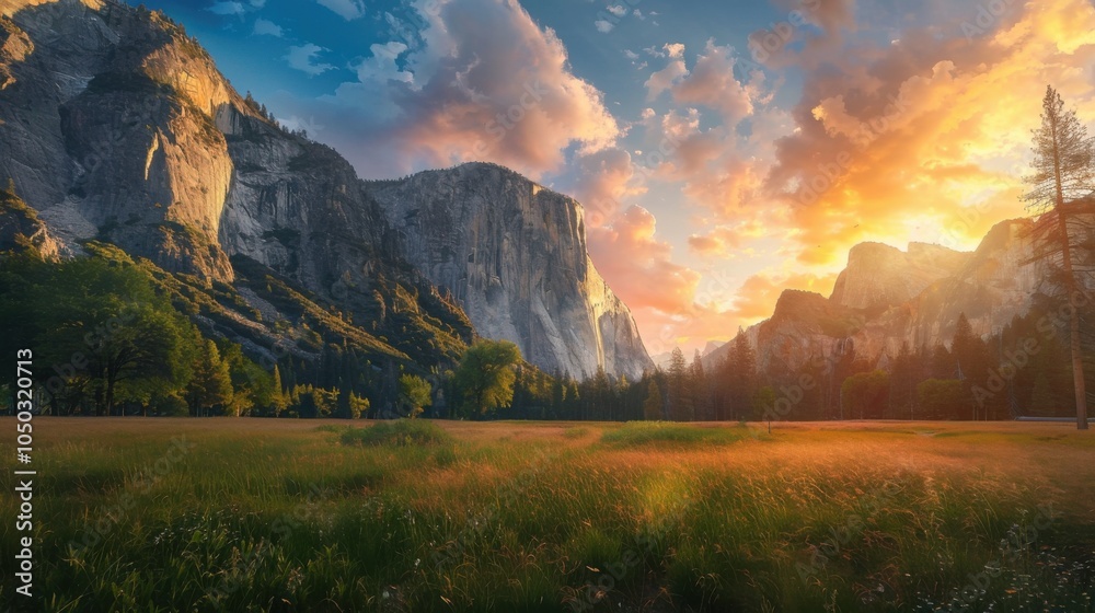 Aufkleber a dramatic view of the yosemite valley with its towering granite cliffs and expansive meadows under 