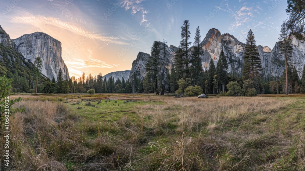 Aufkleber a dramatic view of the yosemite valley with its towering granite cliffs and expansive meadows under 