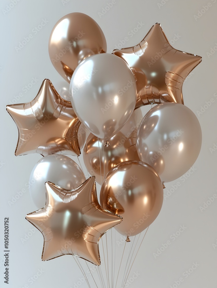 Poster 3D rendering of metallic star shaped balloons floating on a white background a minimalistic and festive new year concept with a modern clean and sophisticated design