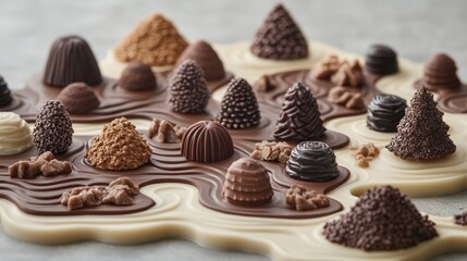 An artistic collection of chocolate confections shaped like miniature trees, set on a creamy white background in an elegant display