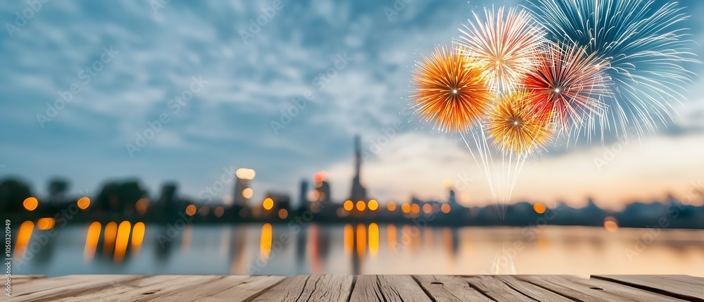 Poster dramatic burst of fireworks lighting up the night sky over a tranquil lake with vibrant colors and r