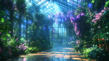 A serene greenhouse oasis filled with vibrant flowers and lush plants