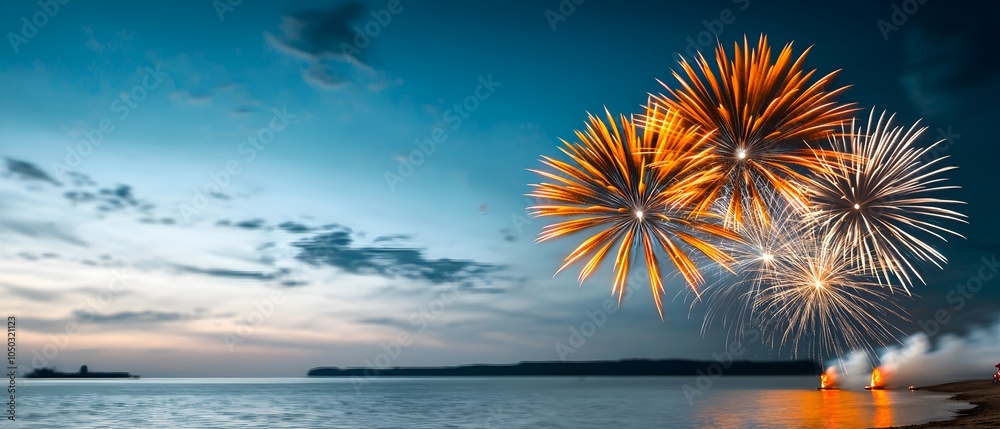 Aufkleber vibrant and colorful fireworks exploding in the night sky above a tranquil lake with the bursts of l