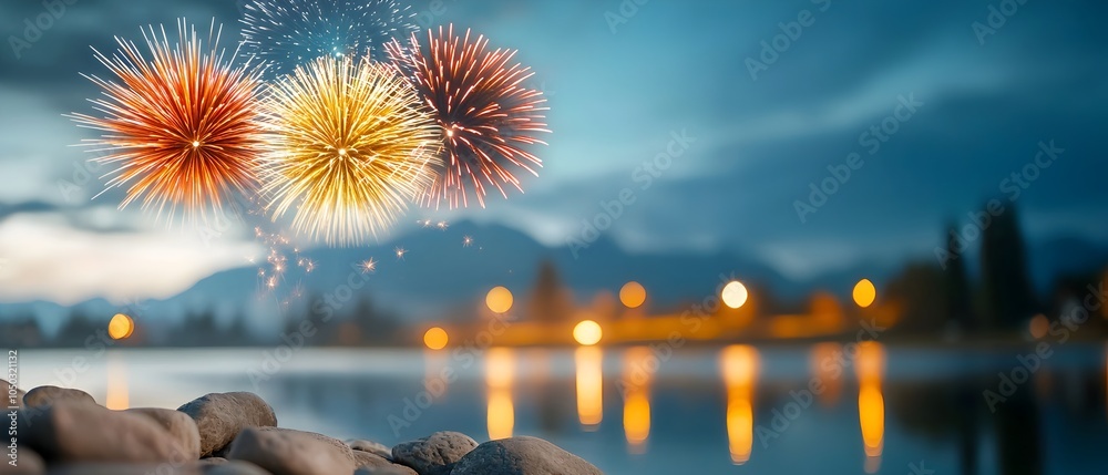 Poster breathtaking firework display lighting up the night sky over a peaceful lake with glowing reflection