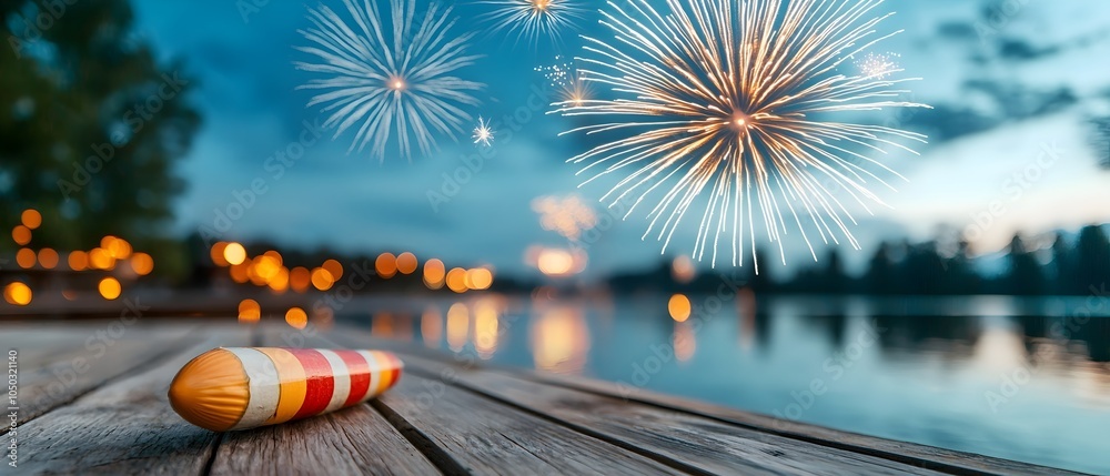 Poster vibrant fireworks bursting in the night sky their colorful reflections dancing on the peaceful water