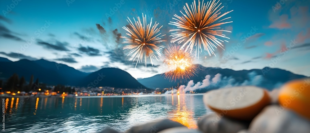 Aufkleber breathtaking scene of colorful fireworks bursting over a serene lake creating dazzling reflections o