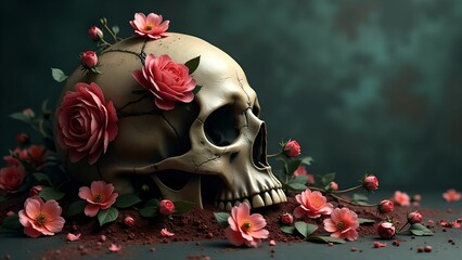 Skull decorated with flowers on dramatic background