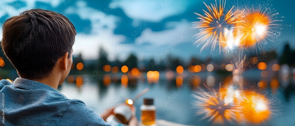 Aufkleber vibrant fireworks display bursting with color and light over a tranquil lake with the colorful refle