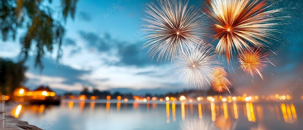 Poster Vibrant fireworks bursting in the night sky their colorful reflections creating a mesmerizing display on the calm surface of a serene lake below a captivating by the water