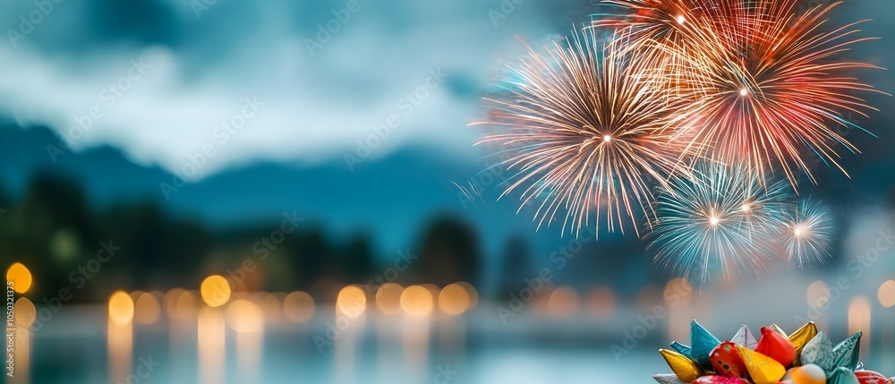 Poster Breathtaking view of a serene lake with vibrant fireworks display reflected on the calm water creating a beautiful and festive scene at twilight