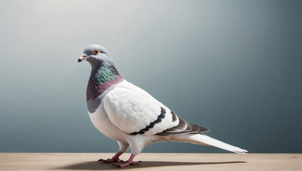 Obraz premium A single pigeon with gray and white feathers stands on a wooden surface against a light blue background.